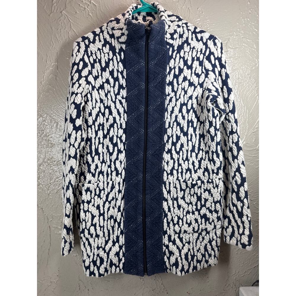 ZIC +ZOE Zip Jacket Blue White Full Zip Mock Neck Cardigan‎ Chic Size XS